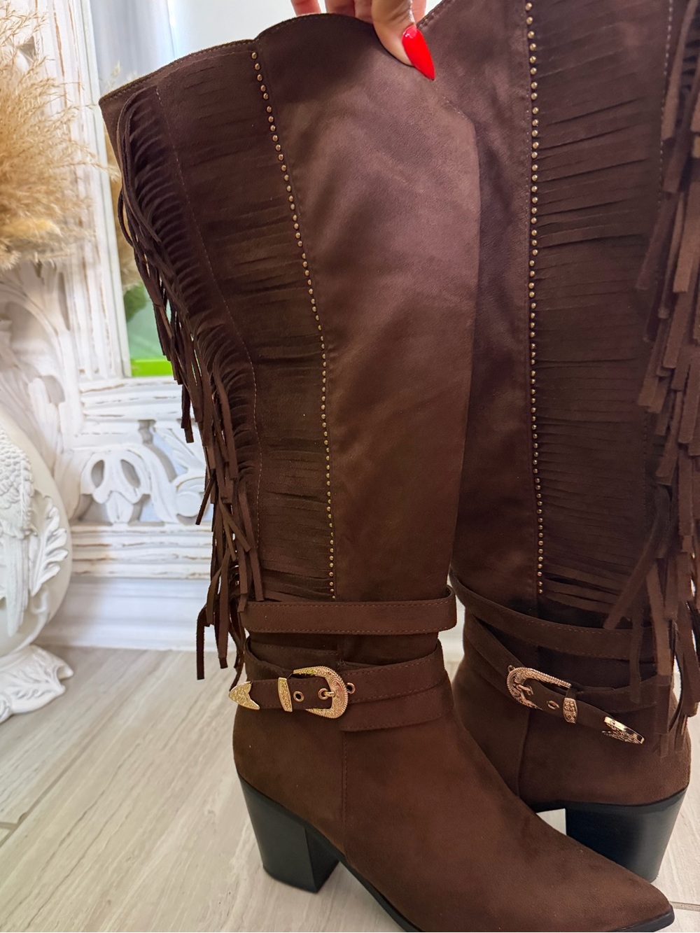 Cato Brown Fringed Knee-High Heeled Boots with Buckle Detail